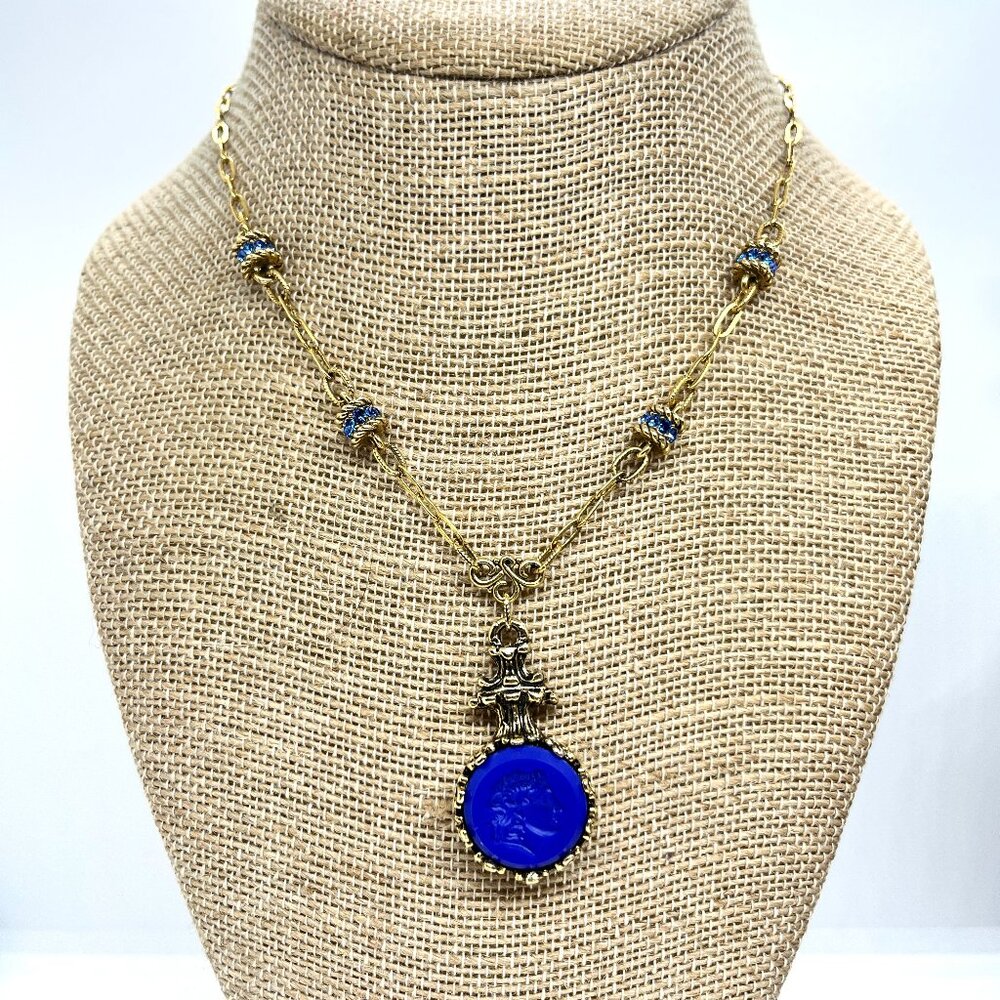 ROBIN STEELE CAMEO Necklace Cobalt Blue Roman Classic Revival Intaglio Gold Tone